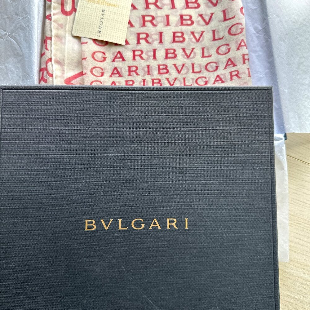 BVLGARI silk scarf pink and white mania logo with Gift Box NWT 26" x 60"